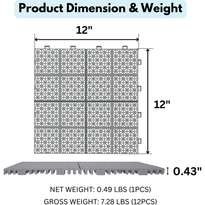 12 x 12 Inch Gray Interlocking Deck Tiles Plastic Waterproof Outdoor All Weather Anti-slip Bathroom Shower Balcony Porch Strong Weight Capacity Upto 6613 LBS, Rosette Pattern Pack of 12