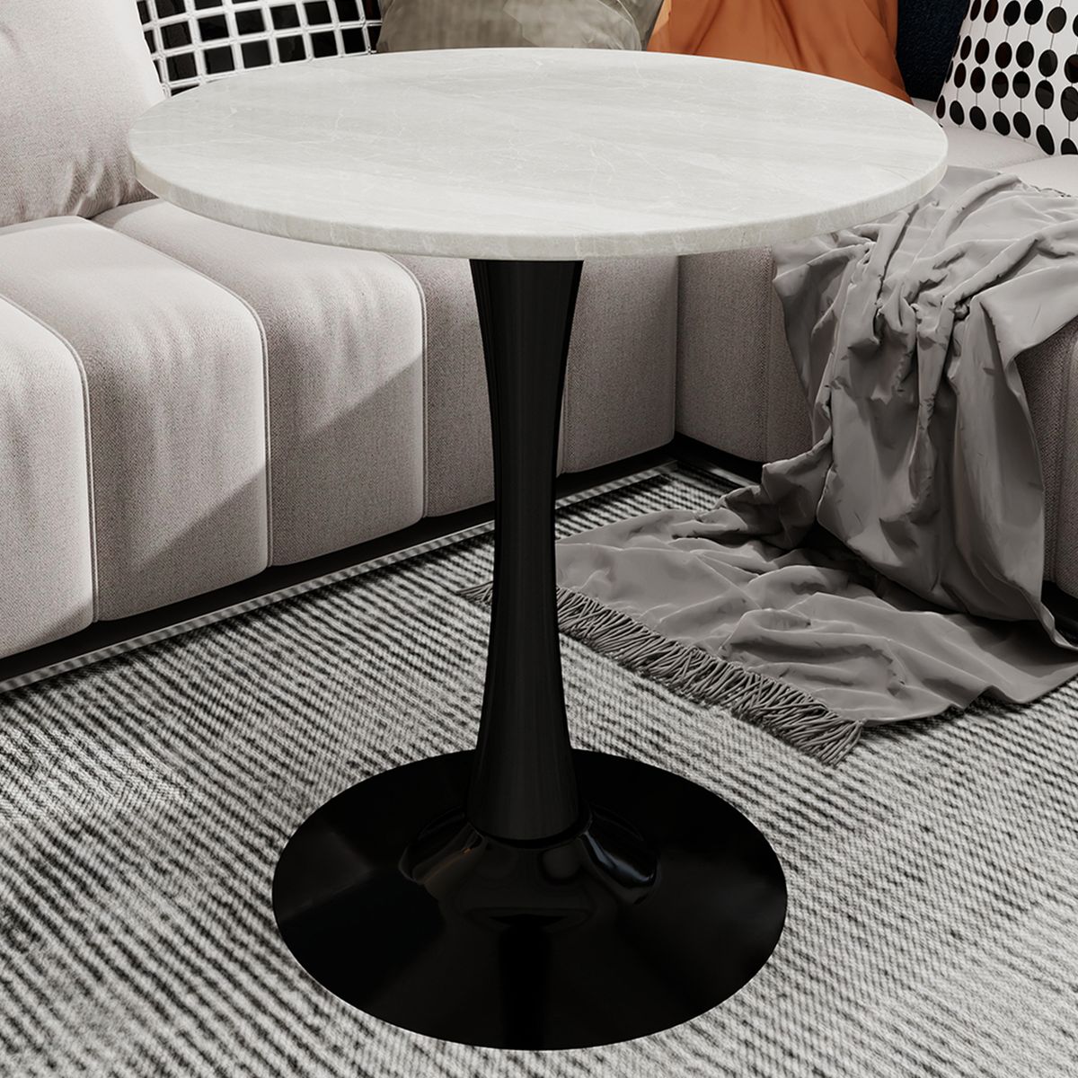 27.6-inch black coffee table, mid-century modern style dining table, accommodates 2-4 people, featuring a round white-veined marble tabletop, suitable for various settings.