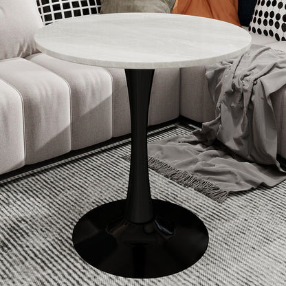 27.6-inch black coffee table, mid-century modern style dining table, accommodates 2-4 people, featuring a round white-veined marble tabletop, suitable for various settings.