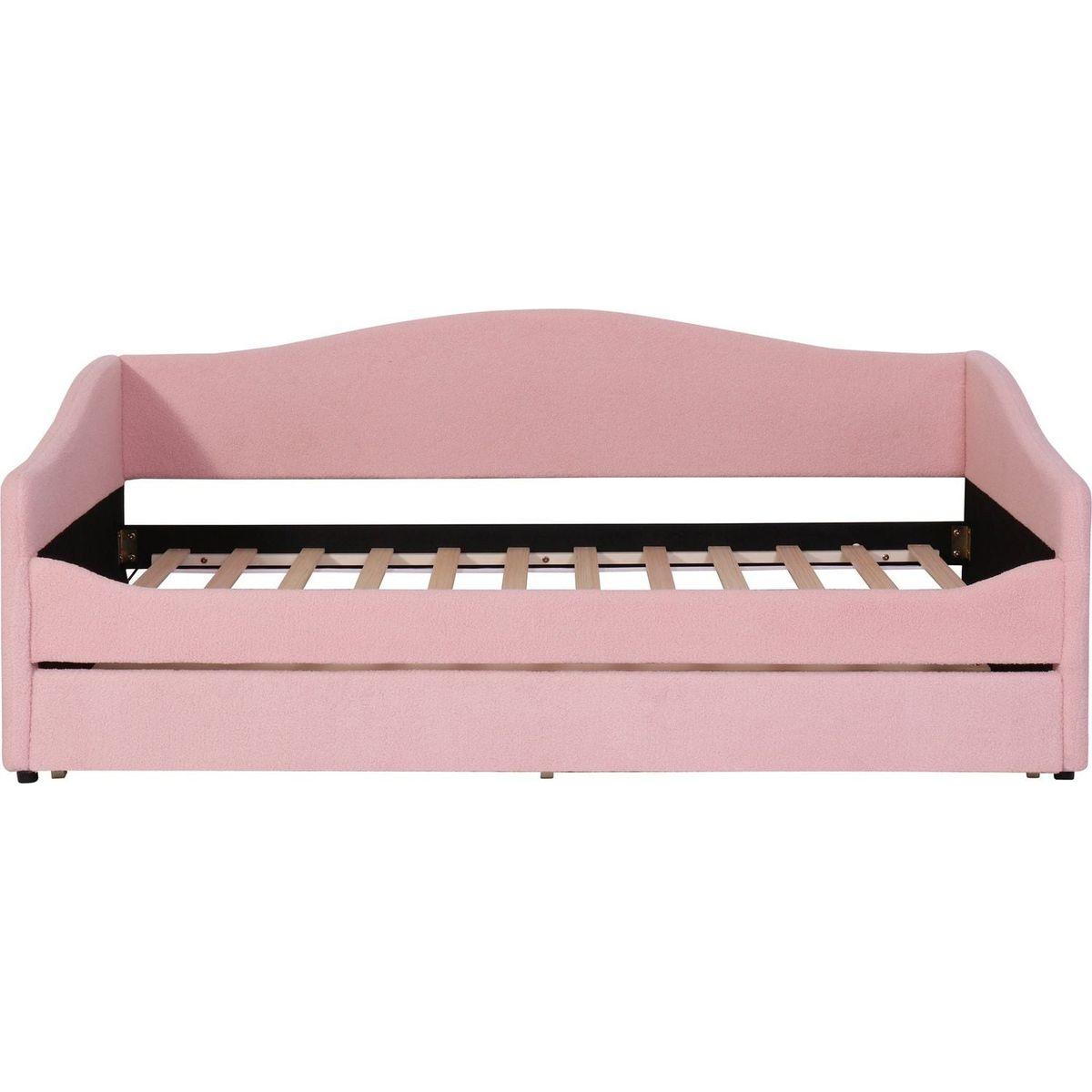 Teddy Fleece Twin Size Upholstered Daybed with Light and Trundle, Pink