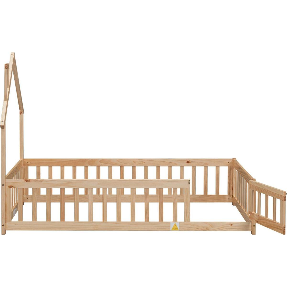 Twin House-Shaped Headboard Floor Bed with Fence ,Natural
