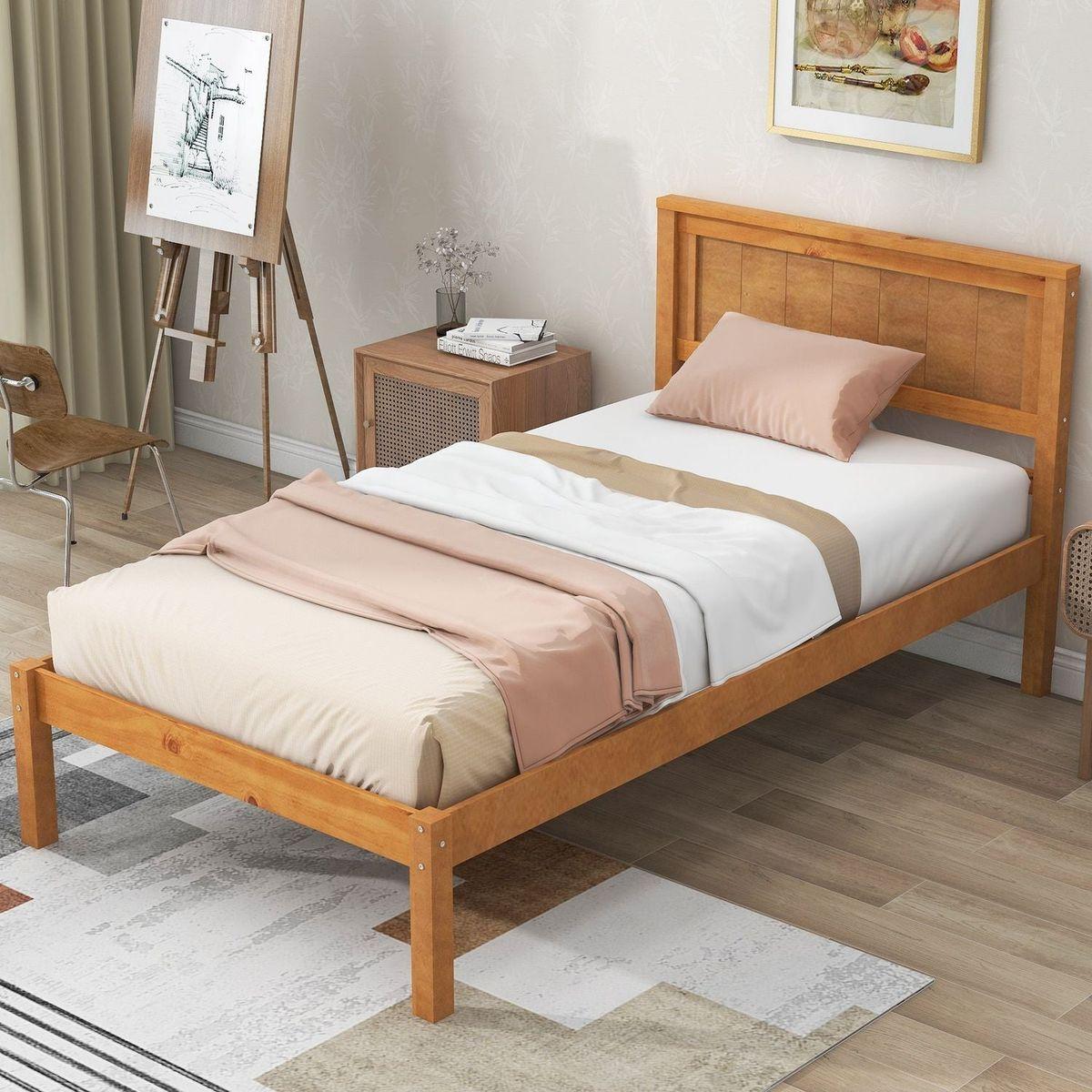 Platform Bed Frame with Headboard, Wood Slat Support, No Box Spring Needed, Twin,Oak