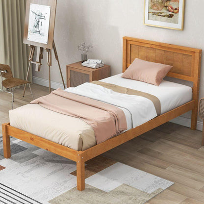 Platform Bed Frame with Headboard, Wood Slat Support, No Box Spring Needed, Twin,Oak