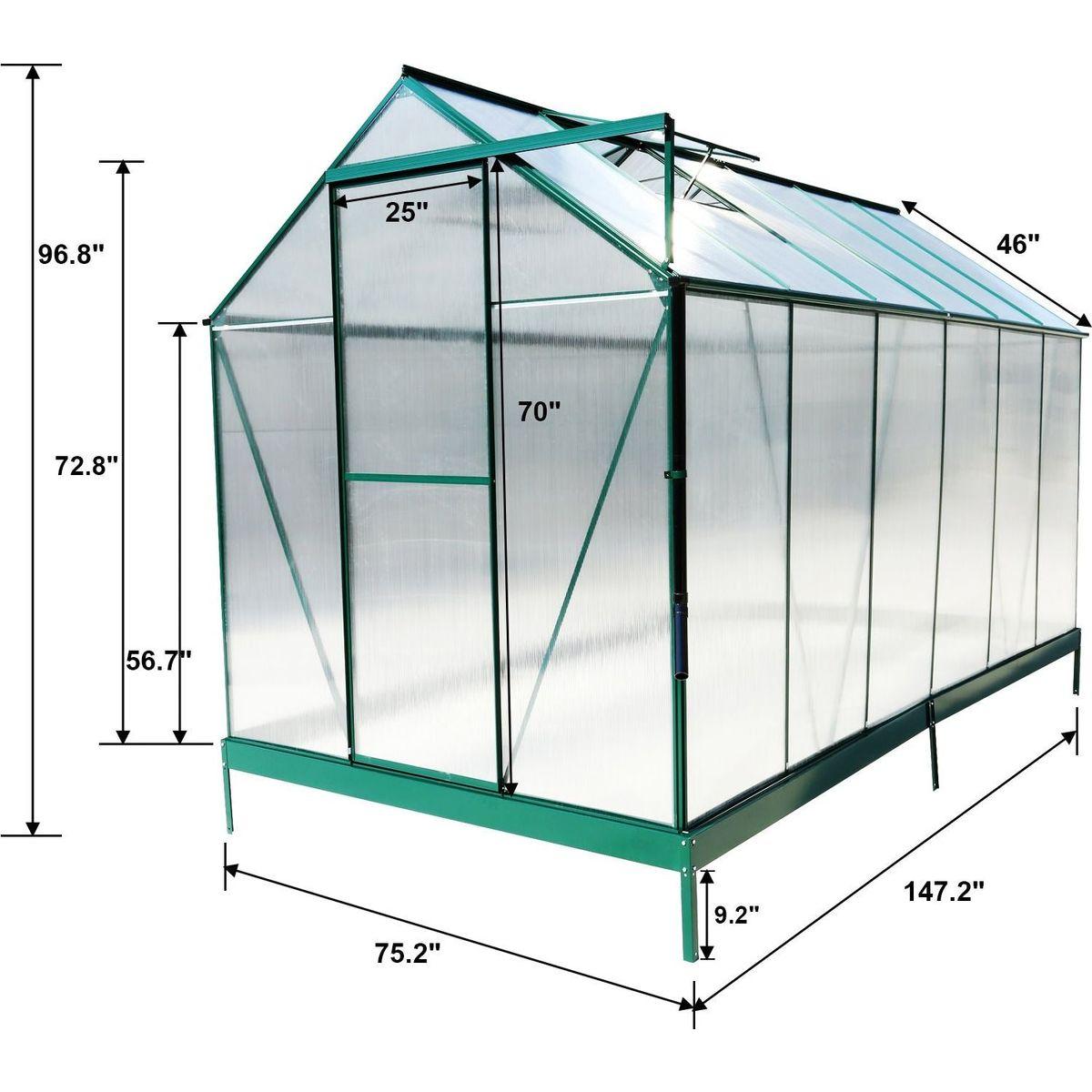 6.3'x12.2'x7' Polycarbonate Greenhouse, Heavy Duty Outdoor Aluminum Walk-in Green House Kit with Rain Gutter, Vent and Door for Backyard Garden, color green