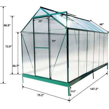 6.3'x12.2'x7' Polycarbonate Greenhouse, Heavy Duty Outdoor Aluminum Walk-in Green House Kit with Rain Gutter, Vent and Door for Backyard Garden, color green