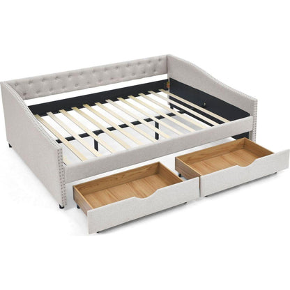 Queen Size Daybed with Drawers Upholstered Tufted Sofa Bed,,with Button on Back and Copper Nail on Waved Shape Arms, Beige (84.5"x63.5"x26.5")