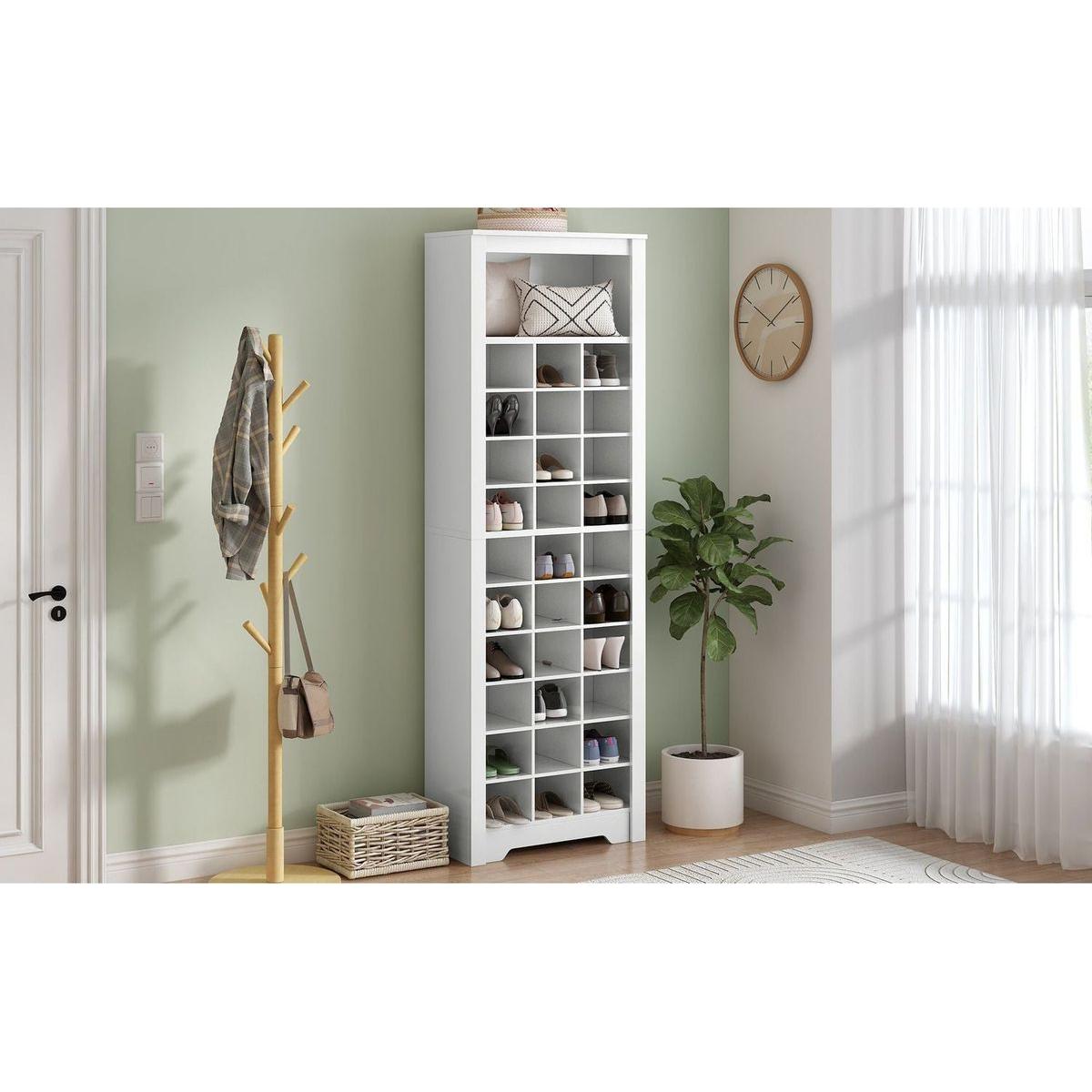 Stylish Design 30 Shoe Cubby Console, Contemporary Shoe Cabinet with Multiple Storage Capacity, Free Standing Tall Cabinet with Versatile Use for Hallway, Bedroom, White