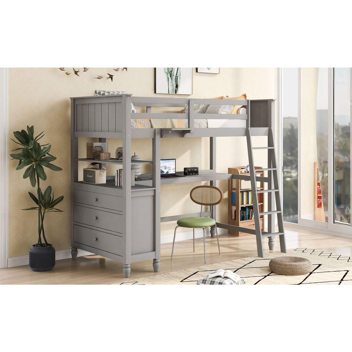 Twin size Loft Bed with Drawers and Desk, Wooden Loft Bed with Shelves - Gray