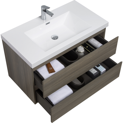 36" Floating Bathroom Vanity with Sink, Modern Wall-Mounted Bathroom Storage Vanity Cabinet with Resin Top Basin and Soft Close Drawers, Ash Grey