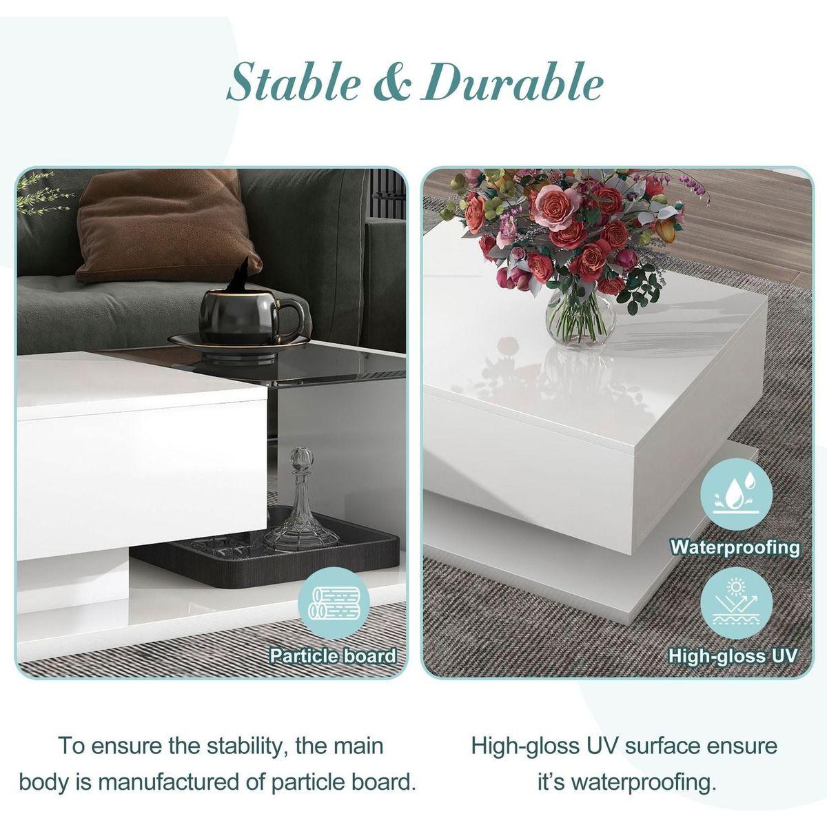 Modern Coffee Table with Tempered Glass, Wooden Cocktail Table with High-gloss UV Surface, Modernist 2-Tier Rectangle Center Table for Living Room, White