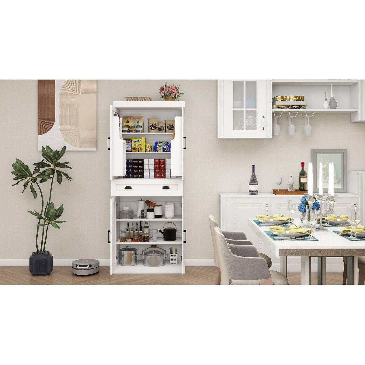71" Kitchen Pantry Storage Cabinet with 4 Doors(2Doors with Racks),1 Drawer, 2 Adjustable Shelves, Freestanding Cupboard for Kitchen, Dining Room and Living Room-White