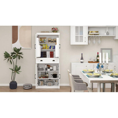 71" Kitchen Pantry Storage Cabinet with 4 Doors(2Doors with Racks),1 Drawer, 2 Adjustable Shelves, Freestanding Cupboard for Kitchen, Dining Room and Living Room-White
