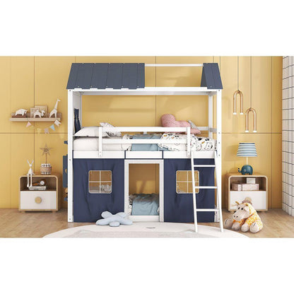 Twin Size Bunk Wood House Bed with Elegant Windows, Sills and Tent, Blue+White