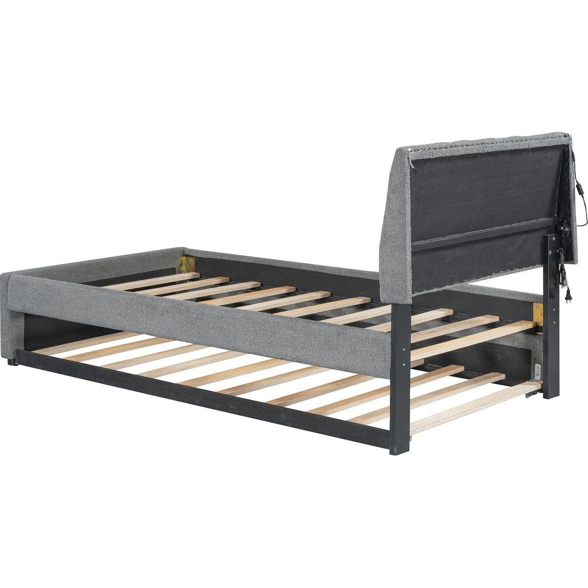 Teddy Fleece Twin Size Upholstered Platform Bed with Trundle, Gray
