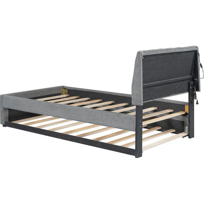 Teddy Fleece Twin Size Upholstered Platform Bed with Trundle, Gray