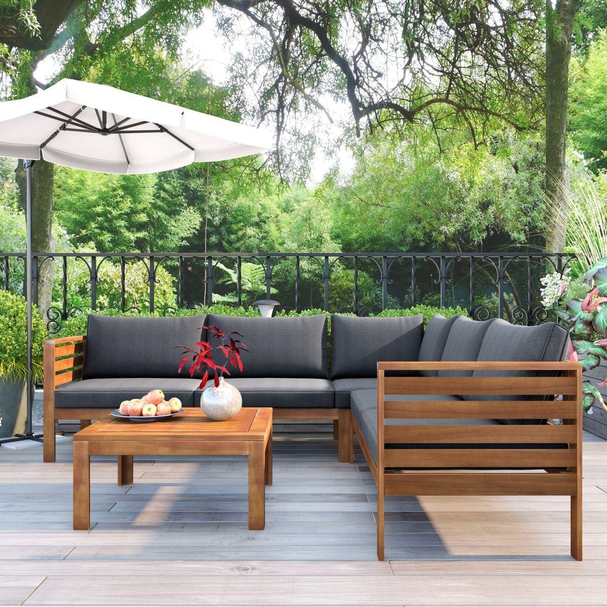 Wood Structure Outdoor Sofa Set with gray Cushions Exotic design Water-resistant and UV Protected texture High quality acacia wood Strong Metal Accessories