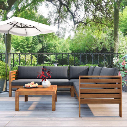 Wood Structure Outdoor Sofa Set with gray Cushions Exotic design Water-resistant and UV Protected texture High quality acacia wood Strong Metal Accessories