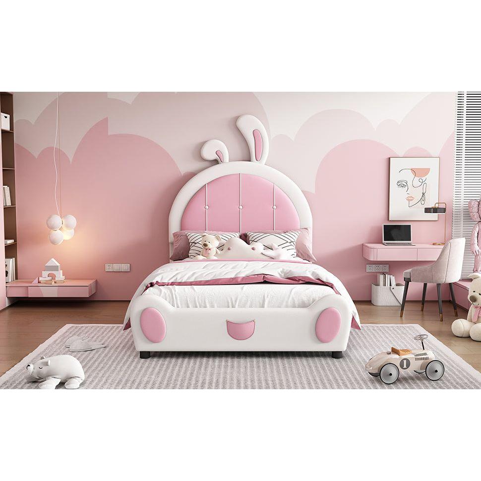 Twin Size Upholstered Platform Bed with Rabbit Shaped Headboard, White