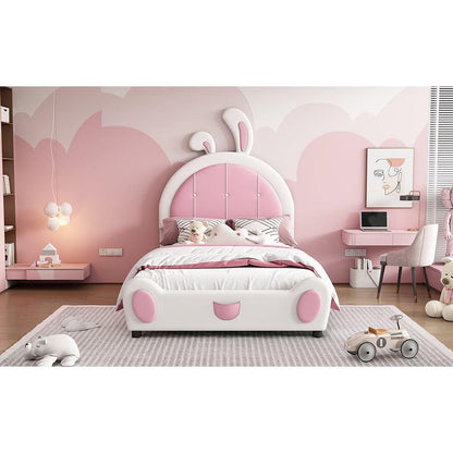 Twin Size Upholstered Platform Bed with Rabbit Shaped Headboard, White