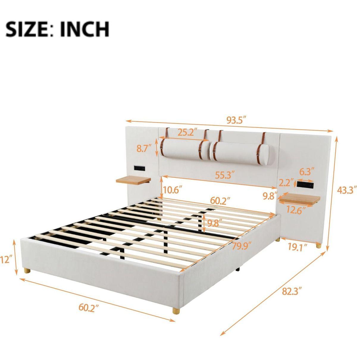 Queen Size Upholstered Platform Bed, Two Outlets and USB Charging Ports on Both Sides, Two Bedside Pillows, Storage Shelves,Velvet, Beige