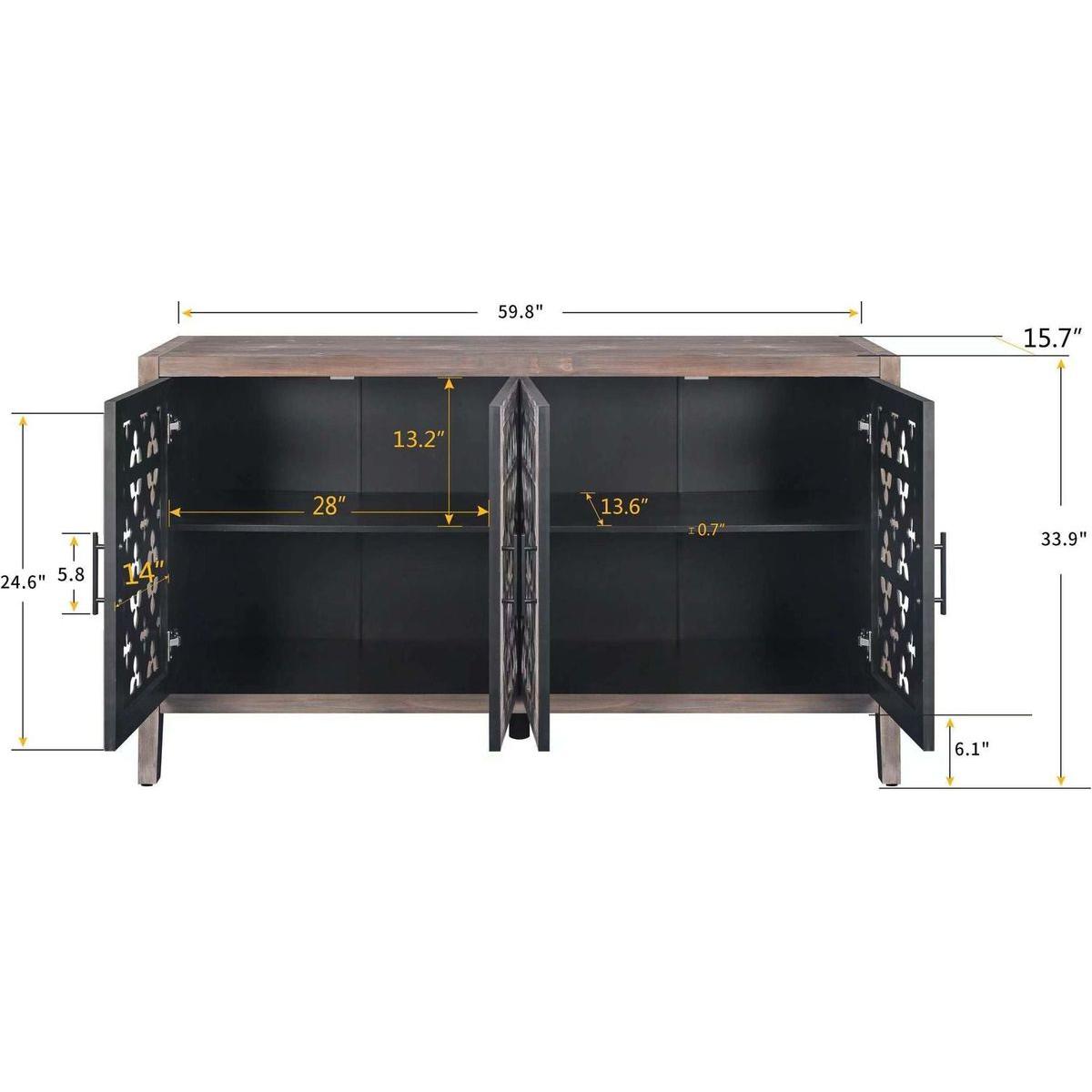 Hollow Four Door Antique Cabinet, American Country Style, Suitable for Living Room, TV Cabinet, Kitchen (Brown)