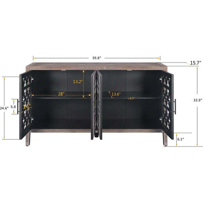 Hollow Four Door Antique Cabinet, American Country Style, Suitable for Living Room, TV Cabinet, Kitchen (Brown)