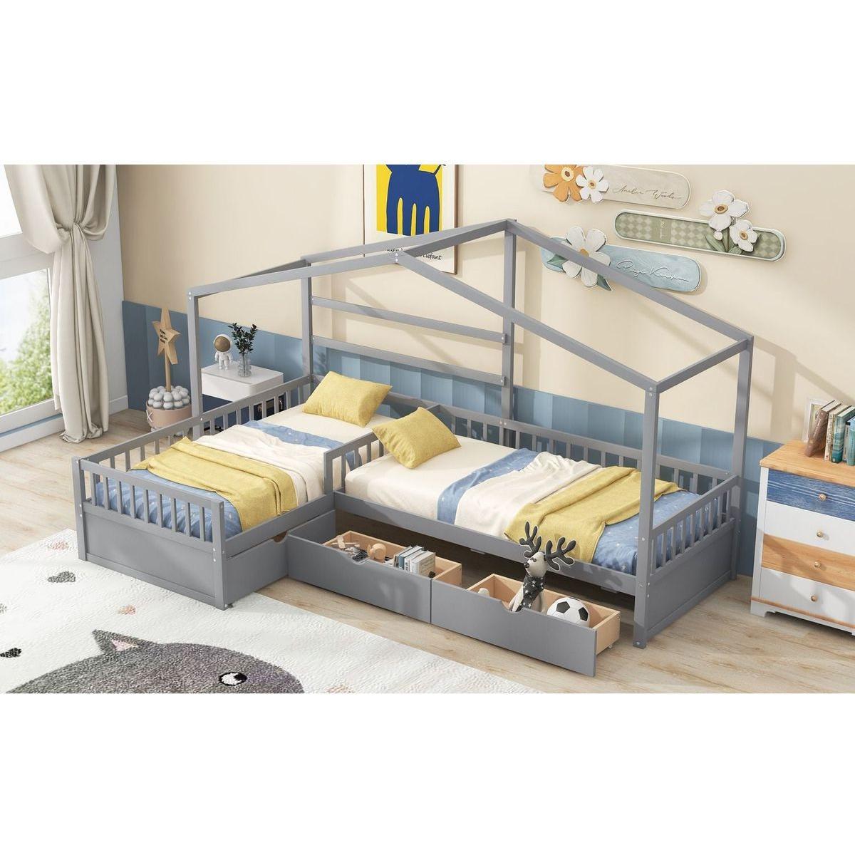 Twin Size House Platform Bed with Three Storage Drawers,Gray