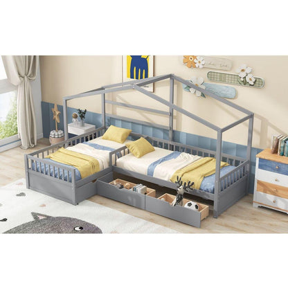 Twin Size House Platform Bed with Three Storage Drawers,Gray