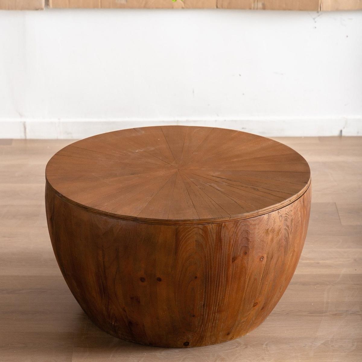 31.50"Vintage Style Bucket Shaped Coffee Table with storage function, for Office, Dining Room and Living Room, Brown