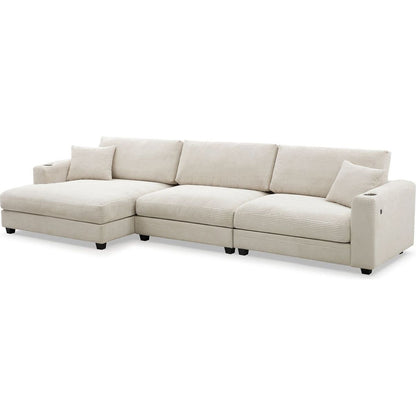 134x54"Oversized Corduroy Sectional Sofa,L Shaped Cloud Couch with USB Charging Port,Cup Holder,Deep Seat Sofa Bed with 50" Chaise,Comfy Indoor Furniture for Living Room,3 Colors