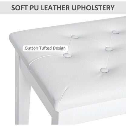 Piano Bench, Duet Piano Chair with Faux Leather Padded Cushion and Wooden Frame, Button Tufted Keyboard Bench, White