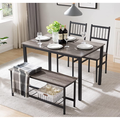 Dining Table Set for 4,Kitchen Table with 2 Benches,Wood Tabletop and Metal Frame,Breakfast Table Set for Small Space,Apartment,Dining Room, Home Office