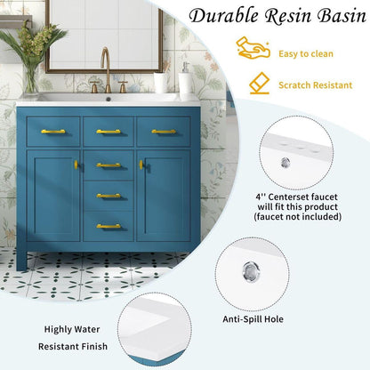 36" Bathroon Vanity with Resin Sink Combo Set,Modern Freestanding Single Bathroom Cabinet with 4 Drawers & 2 Cabinets,Storage Cabinet for Bathroom, Solid Wood Frame Vanity Set, Blue