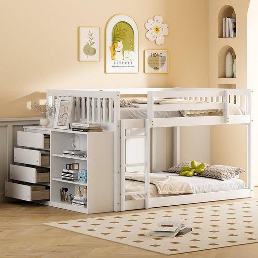 Full over Full Bunk Bed with 4 Drawers and 3 Shelves-White
