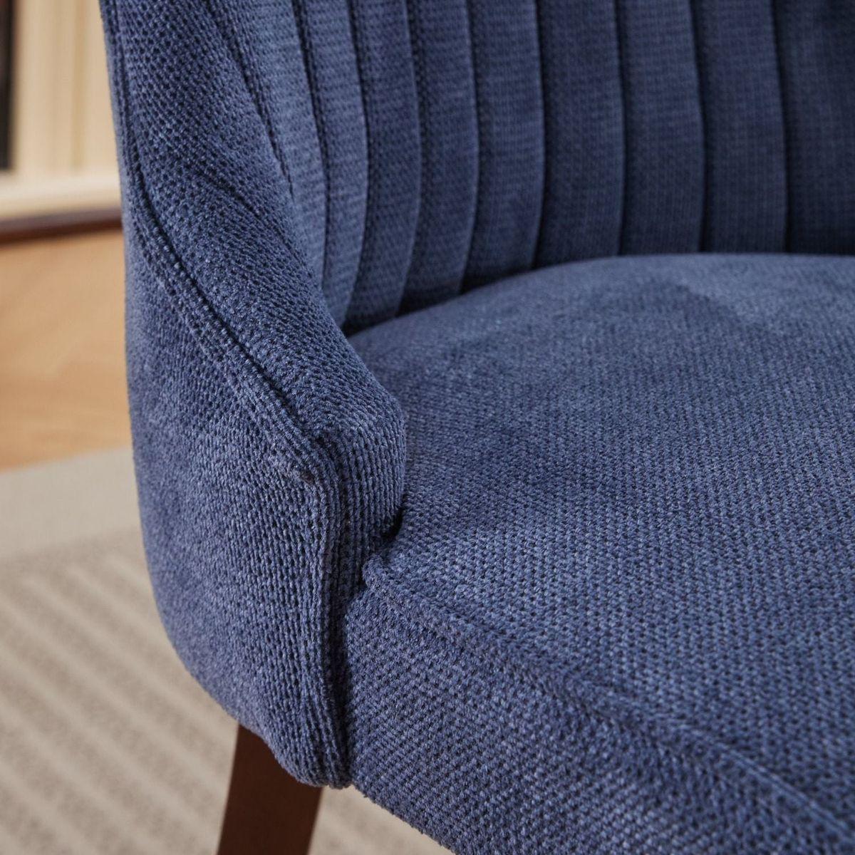 Rayon Cloth Flocking Linen Dining Chairs Channel Kitchen Dinner Chair Comfy Fabric Upholstered Accent Chair for Dining Room with Curved Solid Wood Legs,Set of 2 (Blue) - Streamdale Furniture