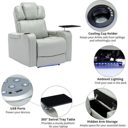 PU Leather Power Recliner Individual Seat Home Theater Recliner with Cooling Cup Holder, Bluetooth Speaker, LED Lights, USB Ports, Tray Table, Arm Storage for Living Room, Grey