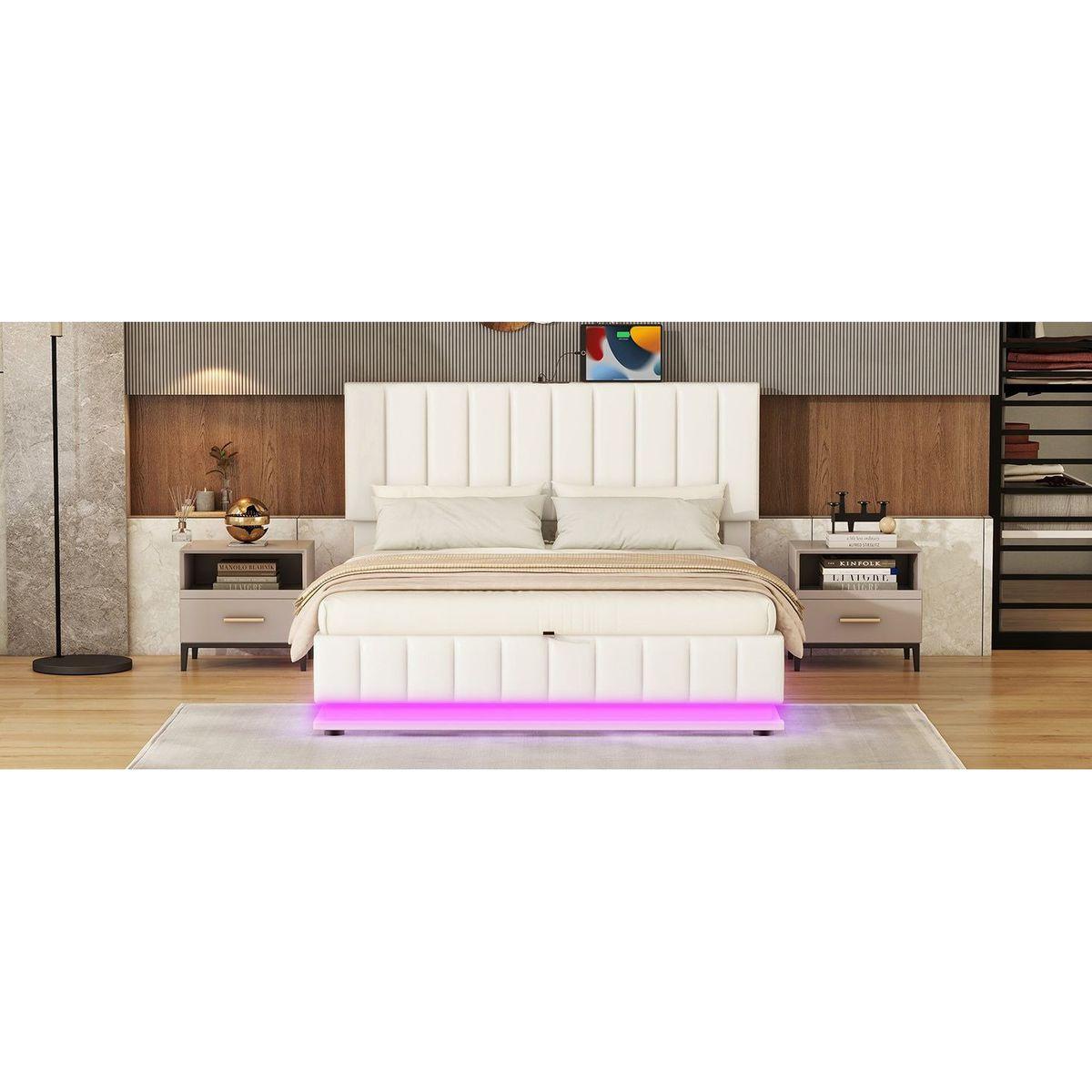 Queen Size Upholstered Bed with Hydraulic Storage System and LED Light, Modern Platform Bed with Sockets and USB Ports, White
