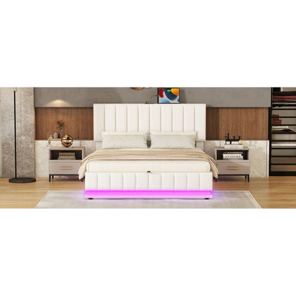 Queen Size Upholstered Bed with Hydraulic Storage System and LED Light, Modern Platform Bed with Sockets and USB Ports, White