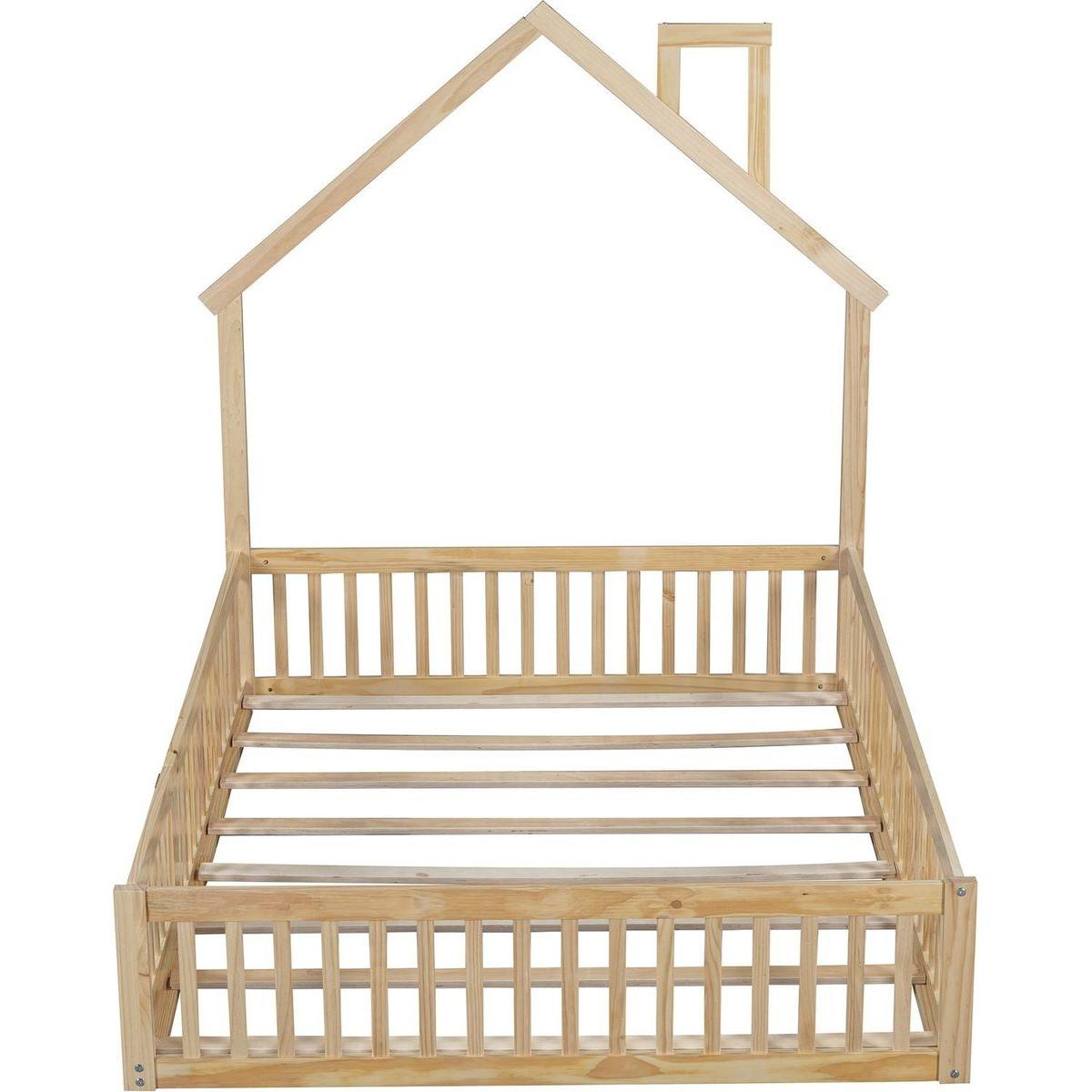 Wood Full Size House Platform Bed with Guardrail, Natural