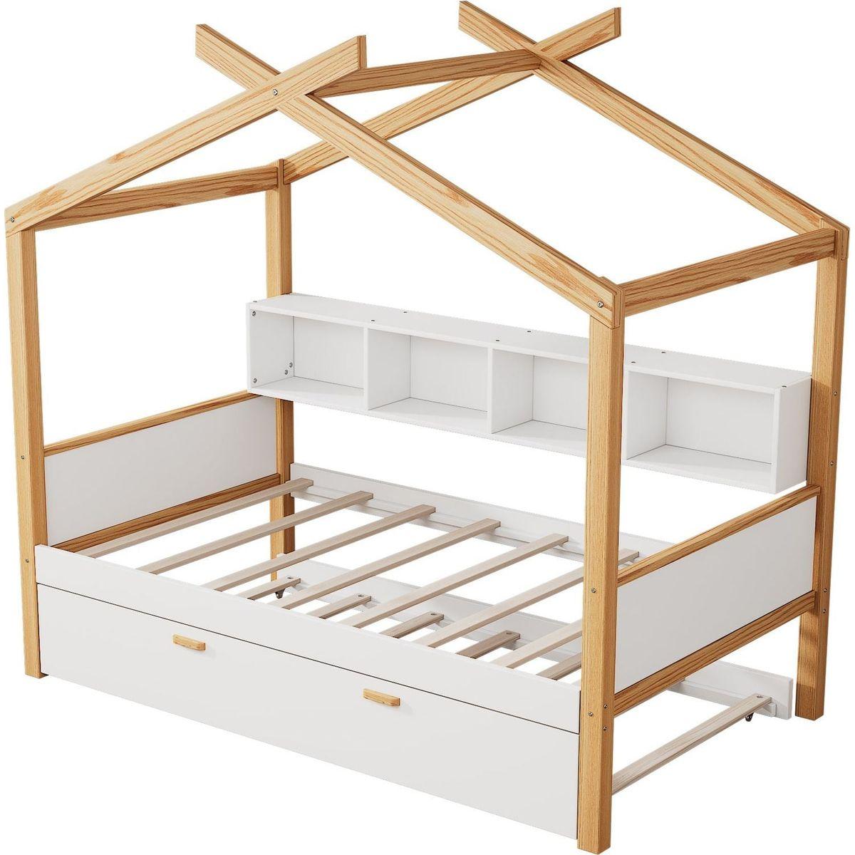 White Twin Size Wooden House Bed with Original Wood Colored Frame Twin Size Trundle and Bookshelf Storage Space for Children or Guest Room