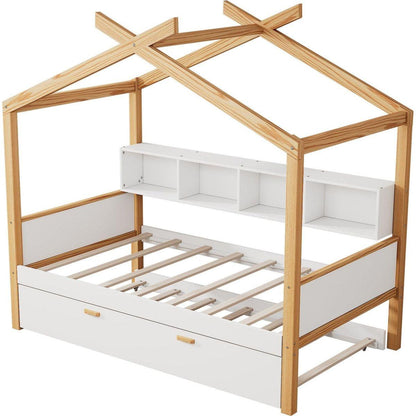 White Twin Size Wooden House Bed with Original Wood Colored Frame Twin Size Trundle and Bookshelf Storage Space for Children or Guest Room