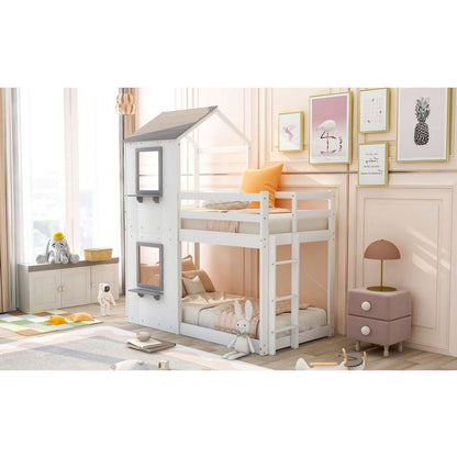 Twin Over Twin Bunk Bed Wood Bed with Roof, Window, Guardrail, Ladder (White)