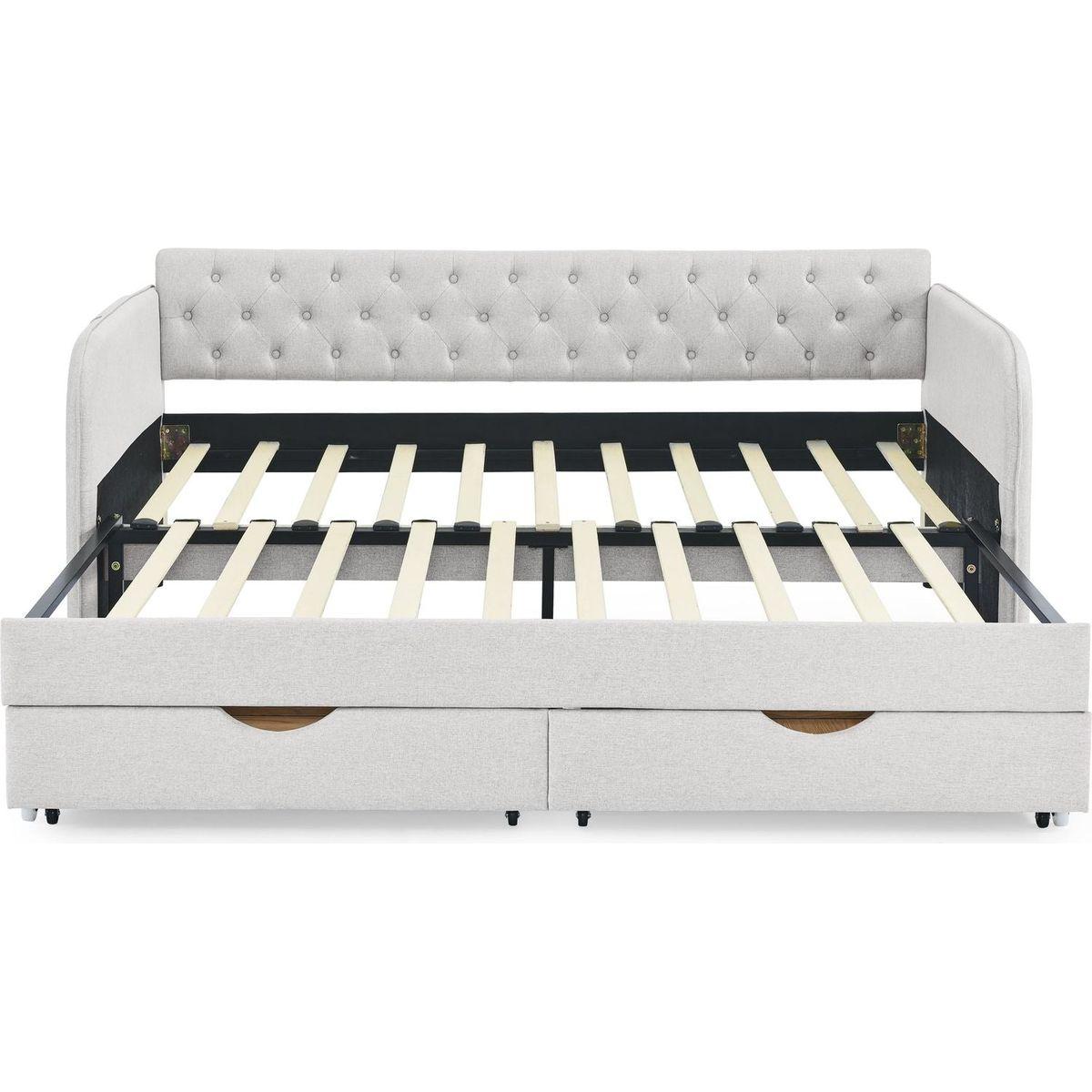 Twin Size Upholstery Daybed with Trundle Bed and Two Storage Drawers, Flat Arms with Pocket, Extendable Daybed for Bedroom Living Room,Linen Beige