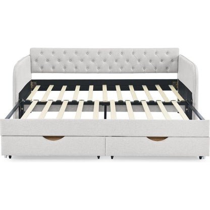 Twin Size Upholstery Daybed with Trundle Bed and Two Storage Drawers, Flat Arms with Pocket, Extendable Daybed for Bedroom Living Room,Linen Beige