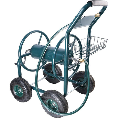 Garden Hose Reel Cart - 4 Wheels Portable Garden Hose Reel Cart with Storage Basket Rust Resistant Heavy Duty Water Hose Holder