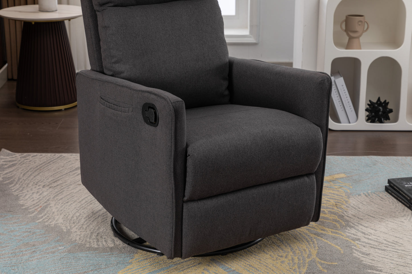 Cotton Linen Fabric Swivel Rocking Chair Glider Rocker Recliner Nursery Chair With Adjustable Back And Footrest For Living Room Indoor,Dark Gray