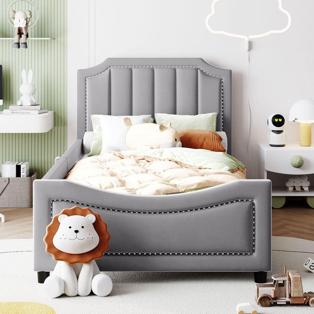 Twin Size Upholstered Daybed with Classic Stripe Shaped Headboard, Gray
