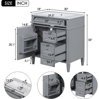 30" Bathroom Vanity with Top Sink, Modern Bathroom Storage Cabinet with 2 Drawers and a Tip-out Drawer, Single Sink Bathroom Vanity