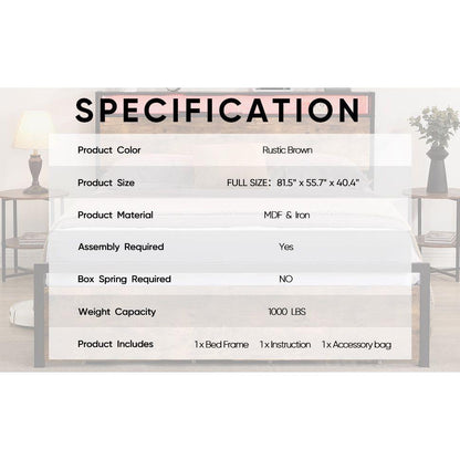 Full Size Bed Frame with Storage Headboard and 2 Drawers, LED Lights Bed with Charging Station, Metal Platform Bed No Noise, Mattress Foundation Strong Metal Slats Support No Box Spring Needed