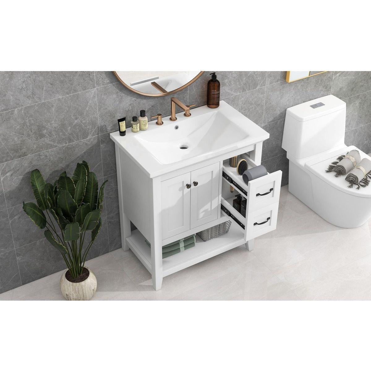 30" Bathroom Vanity with Ceramic Sink Top, Vanity Cabinet with Multi-Functional Drawer, Solid Wood Legs, White